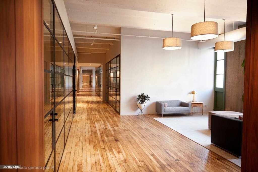 Corredor empresarial com passagem desobstruída e acabamento limpo