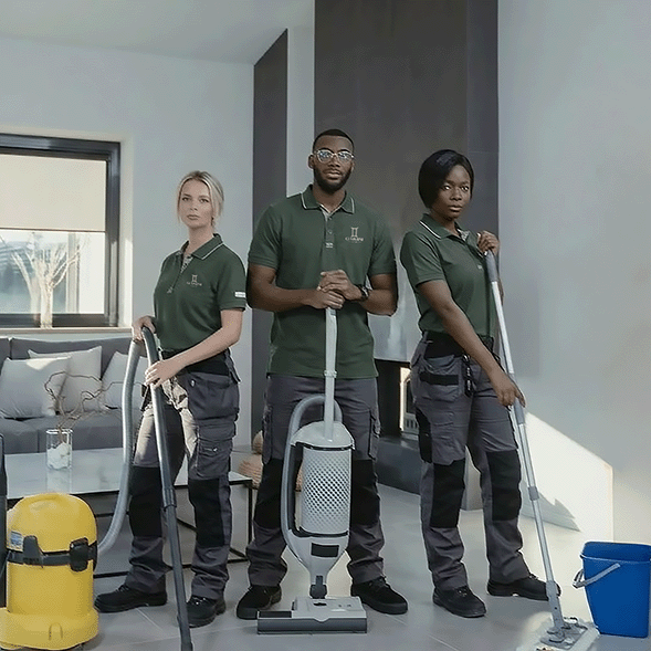 Entrada principal de negócio com equipa de limpeza em ação