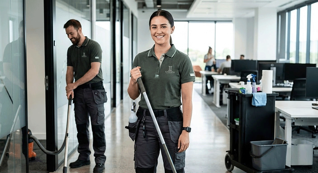 Especialista de limpeza em ambiente corporativo moderno